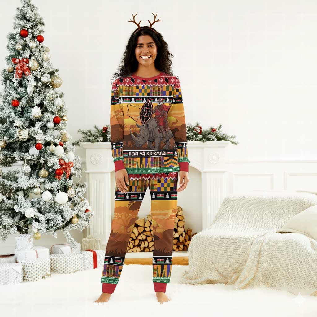 Afro Christmas in Kenya Safari Christmas Pajama Set Black Santa Riding Rhinoceros - African Pride