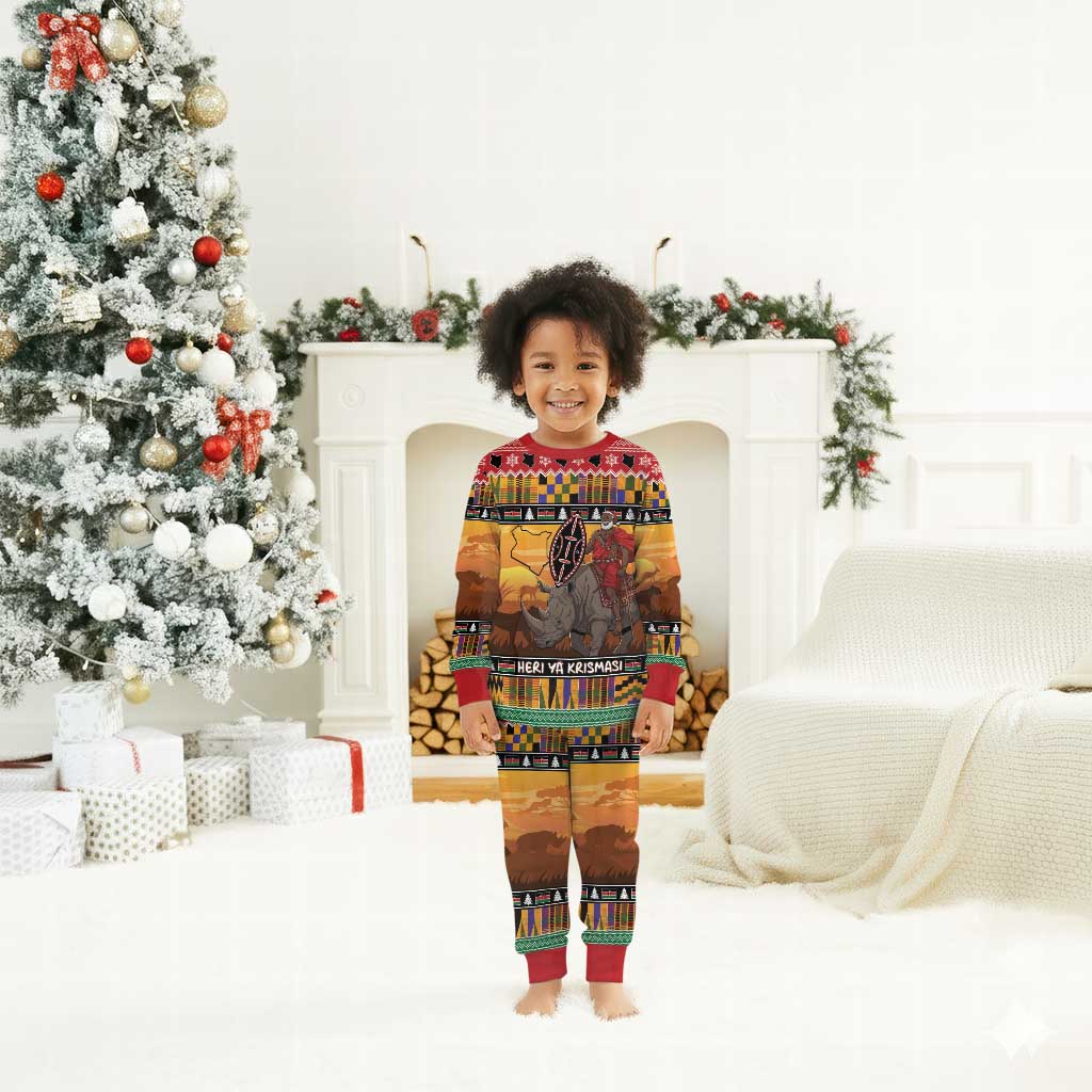 Afro Christmas in Kenya Safari Christmas Pajama Set Black Santa Riding Rhinoceros - African Pride