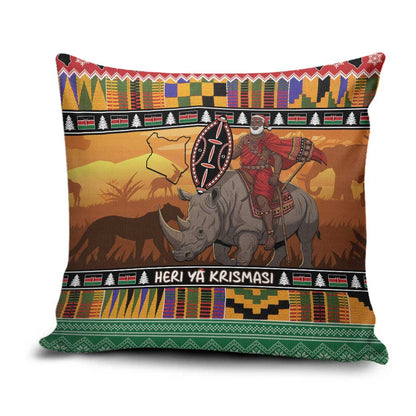 Kenya Safari Christmas Pillow Cover Black Santa Riding Rhinoceros - Heri ya Krismasi