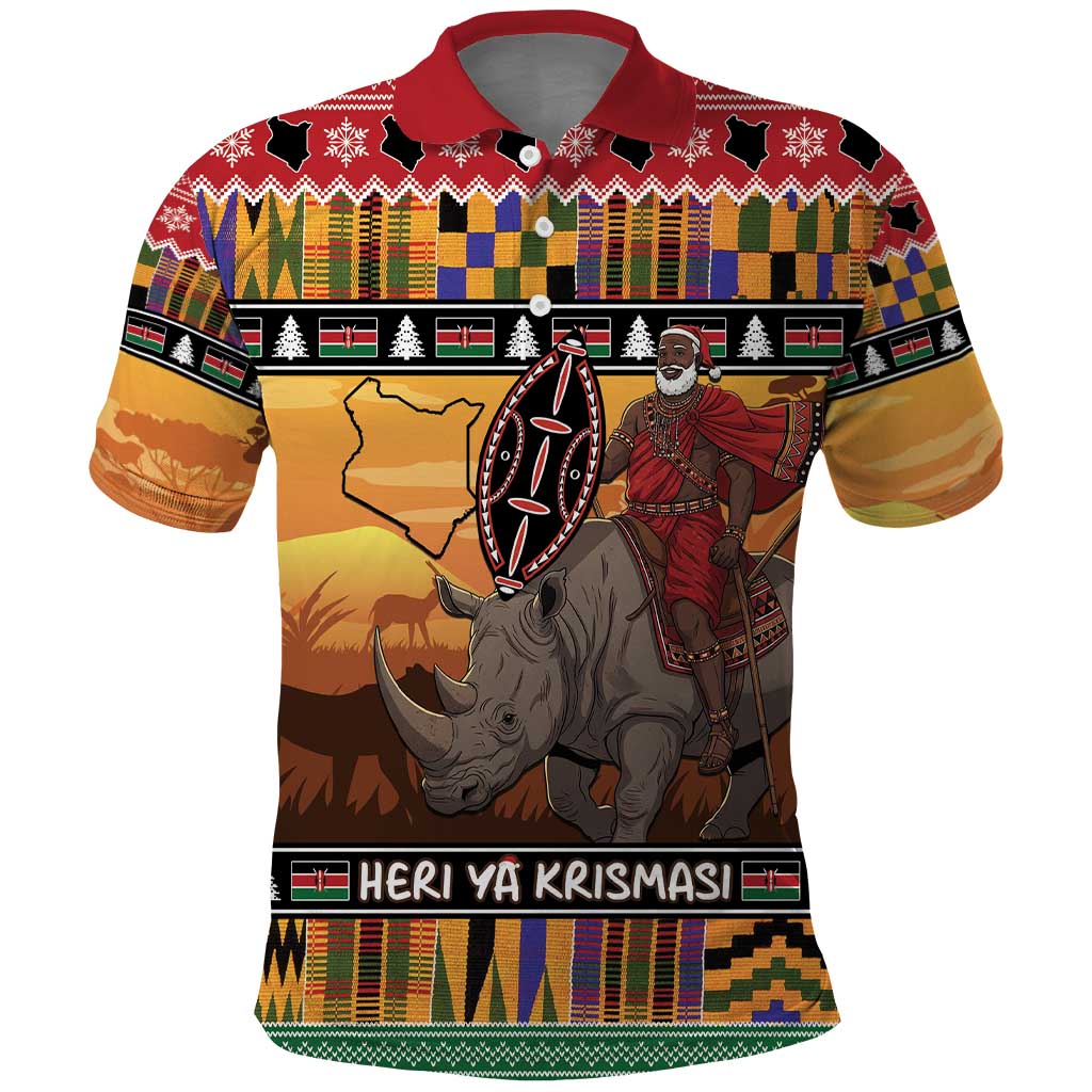 Afro Christmas in Kenya Safari Polo Shirt Black Santa Riding Rhinoceros - African Pride