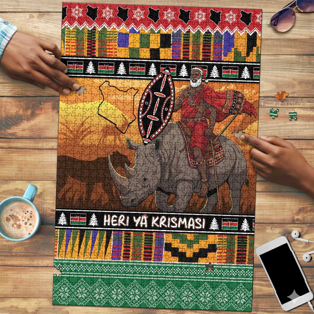 Kenya Safari Christmas Puzzle Black Santa Riding Rhinoceros - Heri ya Krismasi