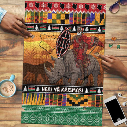 Kenya Safari Christmas Puzzle Black Santa Riding Rhinoceros - Heri ya Krismasi