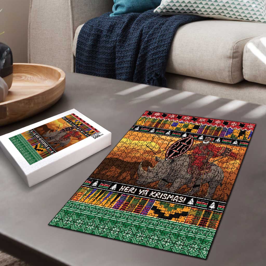 Kenya Safari Christmas Puzzle Black Santa Riding Rhinoceros - Heri ya Krismasi