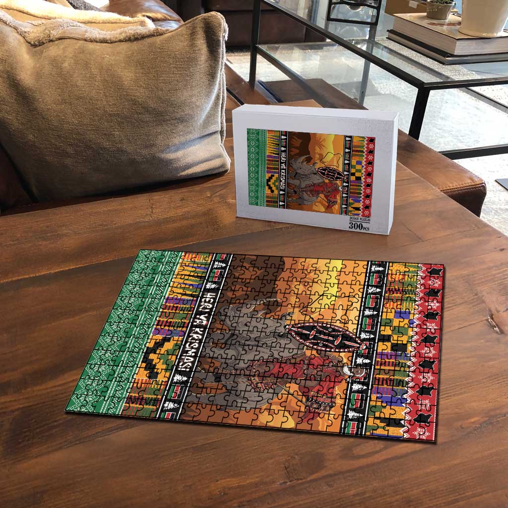 Kenya Safari Christmas Puzzle Black Santa Riding Rhinoceros - Heri ya Krismasi
