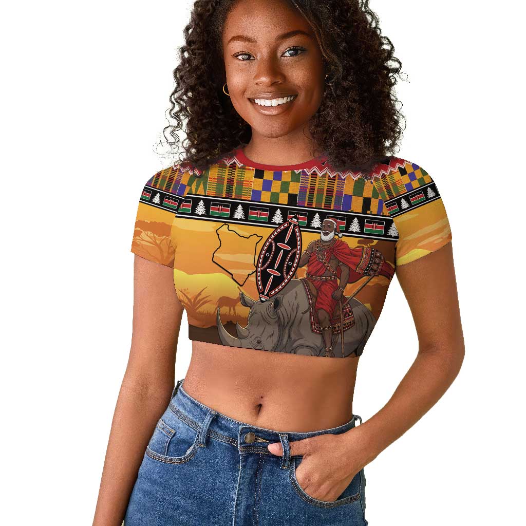 Afro Christmas in Kenya Safari Raglan Cropped T shirt Black Santa Riding Rhinoceros - African Pride