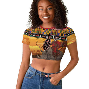 Afro Christmas in Kenya Safari Raglan Cropped T shirt Black Santa Riding Rhinoceros - African Pride