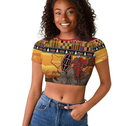 Afro Christmas in Kenya Safari Raglan Cropped T shirt Black Santa Riding Rhinoceros - African Pride