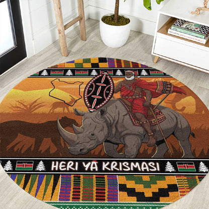 Afro Christmas in Kenya Safari Round Carpet Black Santa Riding Rhinoceros - African Pride
