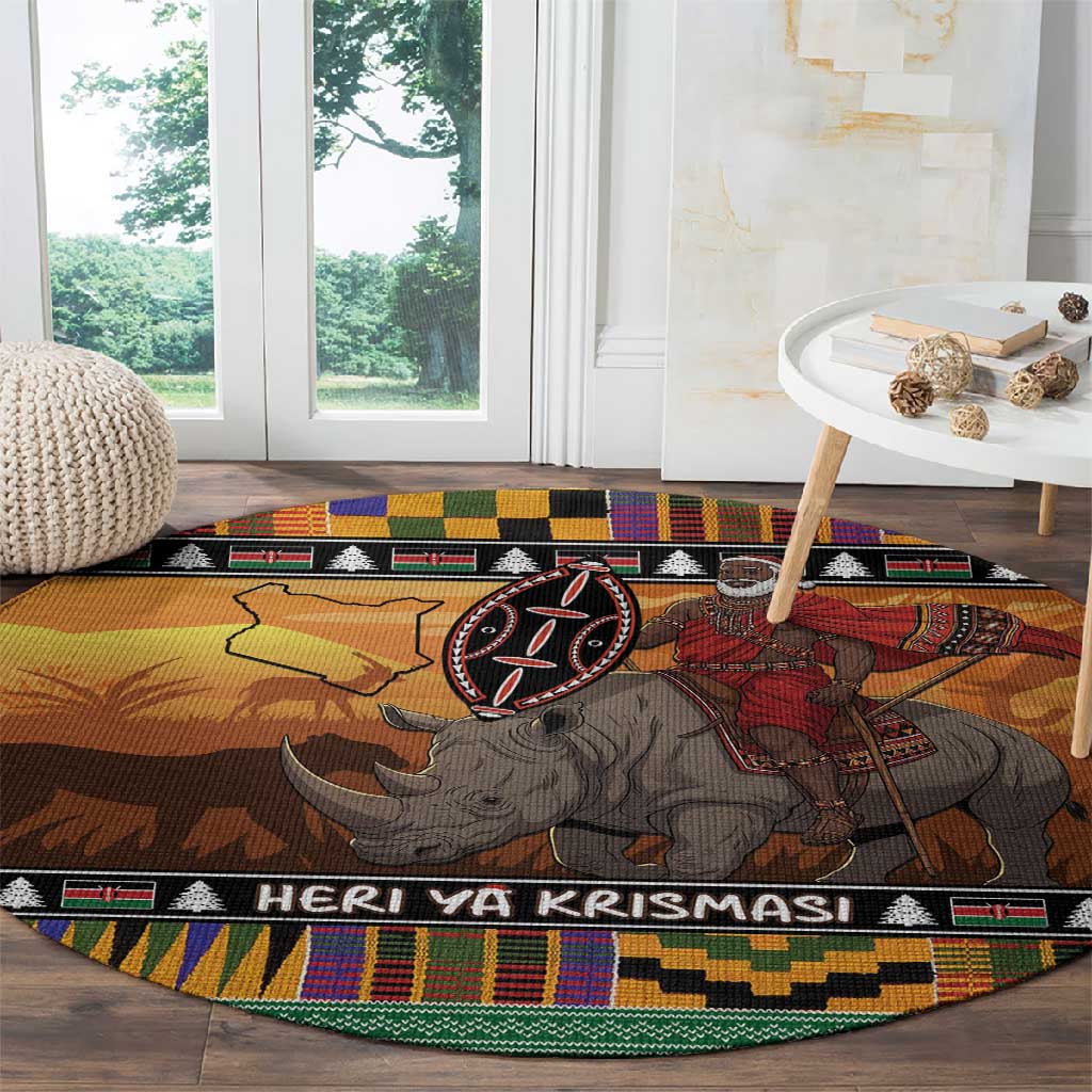 Afro Christmas in Kenya Safari Round Carpet Black Santa Riding Rhinoceros - African Pride