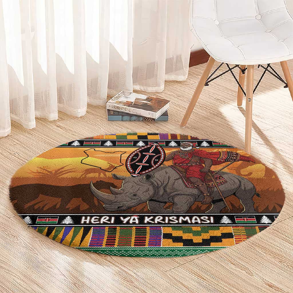 Afro Christmas in Kenya Safari Round Carpet Black Santa Riding Rhinoceros - African Pride