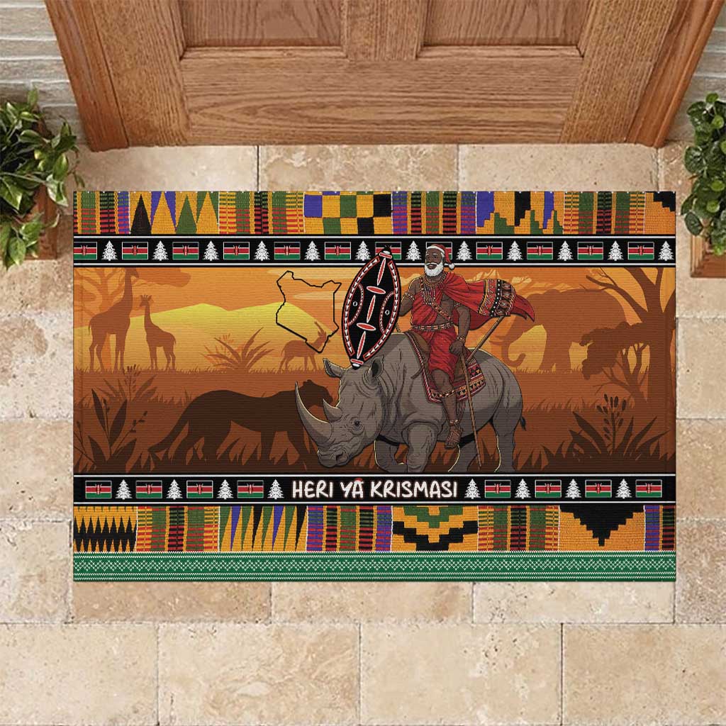 Afro Christmas in Kenya Safari Rubber Doormat Black Santa Riding Rhinoceros - African Pride