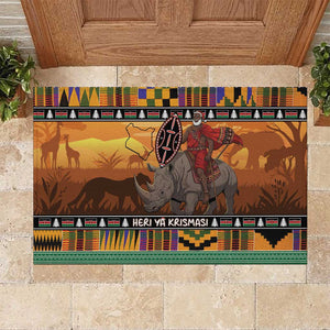 Afro Christmas in Kenya Safari Rubber Doormat Black Santa Riding Rhinoceros - African Pride