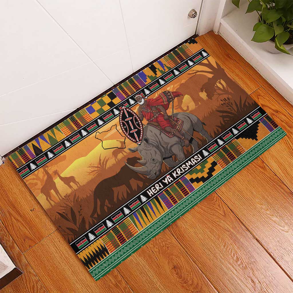 Afro Christmas in Kenya Safari Rubber Doormat Black Santa Riding Rhinoceros - African Pride