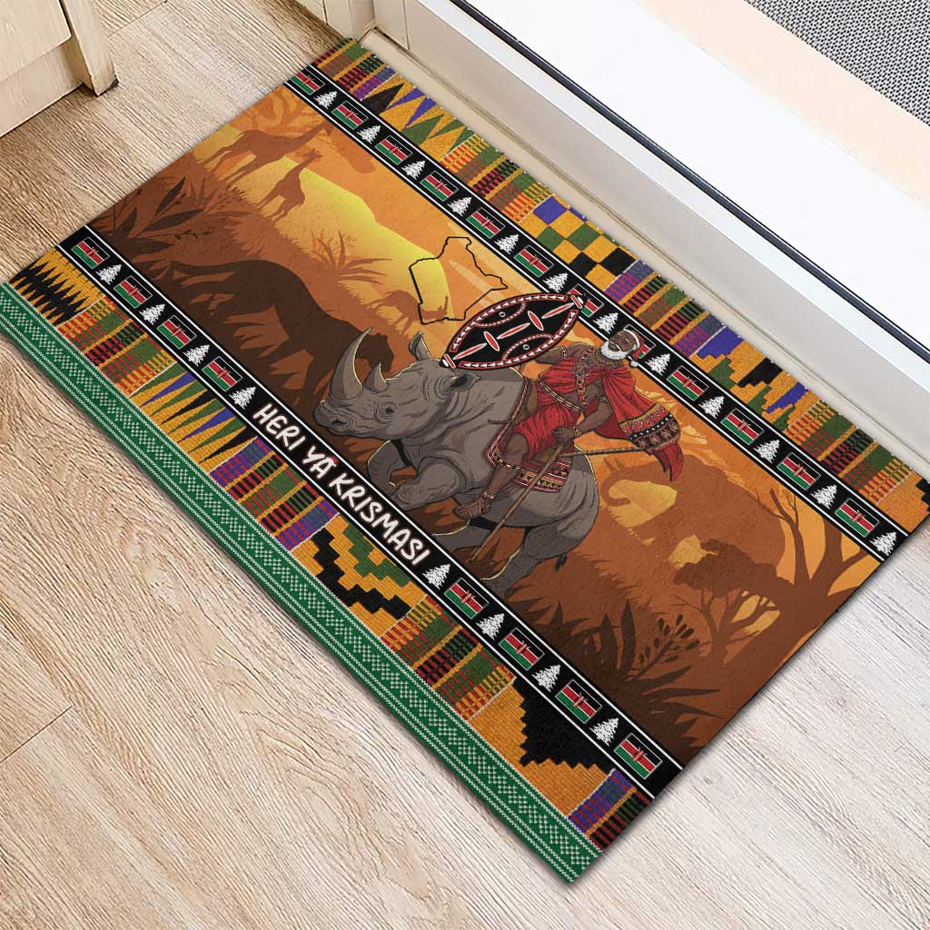 Afro Christmas in Kenya Safari Rubber Doormat Black Santa Riding Rhinoceros - African Pride