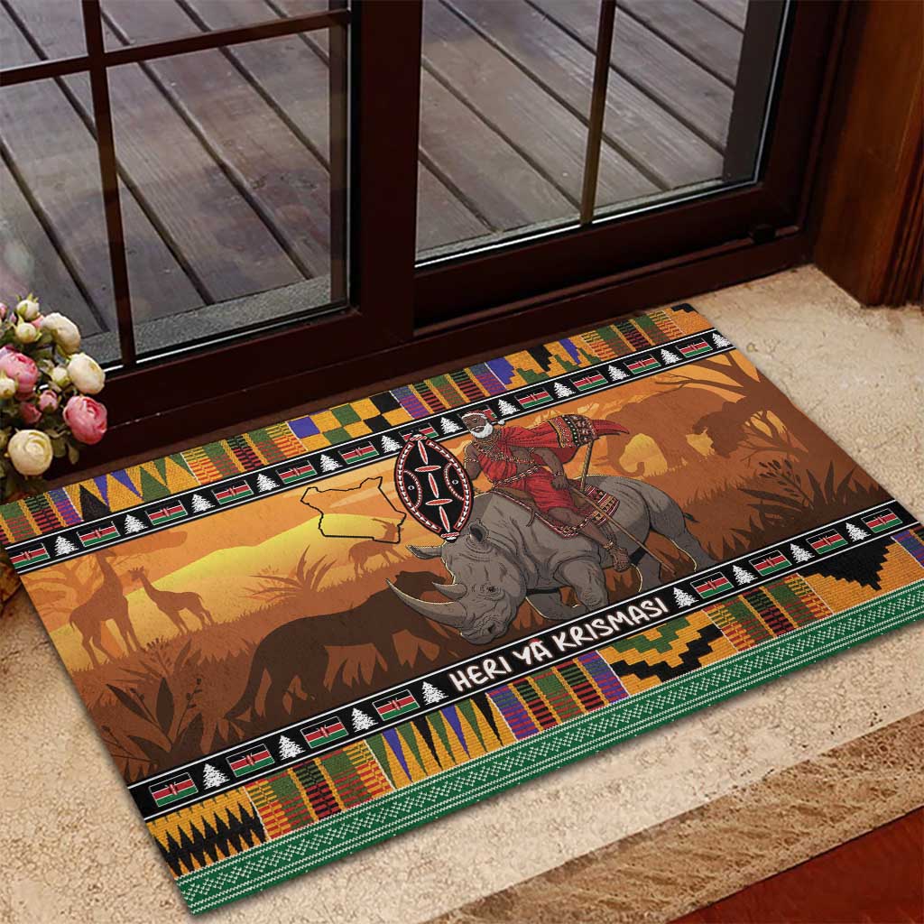 Afro Christmas in Kenya Safari Rubber Doormat Black Santa Riding Rhinoceros - African Pride