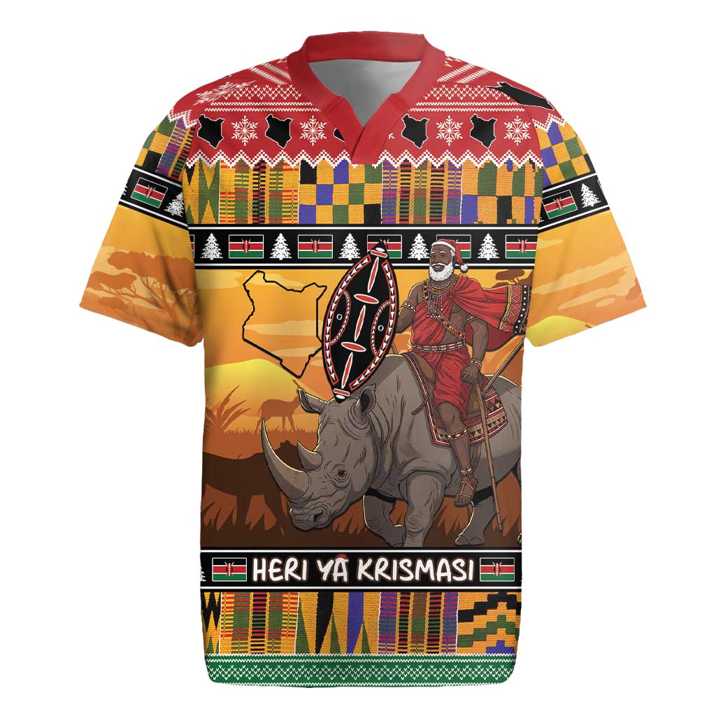 Afro Christmas in Kenya Safari Rugby Jersey Black Santa Riding Rhinoceros - African Pride