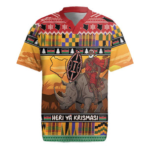 Afro Christmas in Kenya Safari Rugby Jersey Black Santa Riding Rhinoceros - African Pride
