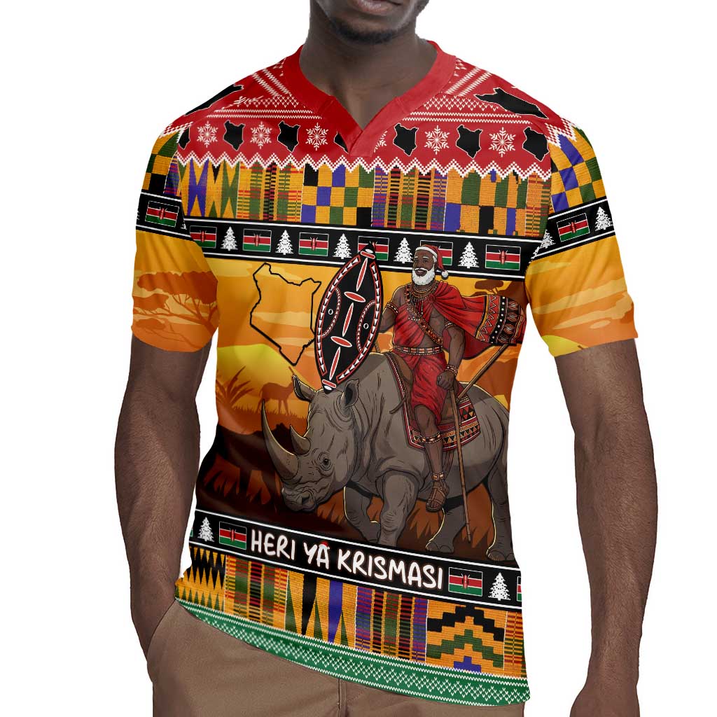 Afro Christmas in Kenya Safari Rugby Jersey Black Santa Riding Rhinoceros - African Pride