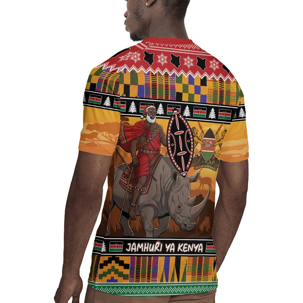Afro Christmas in Kenya Safari Rugby Jersey Black Santa Riding Rhinoceros - African Pride