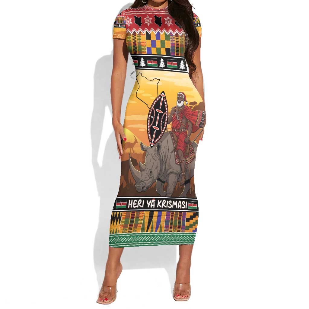 Afro Christmas in Kenya Safari Short Sleeve Bodycon Dress Black Santa Riding Rhinoceros - African Pride