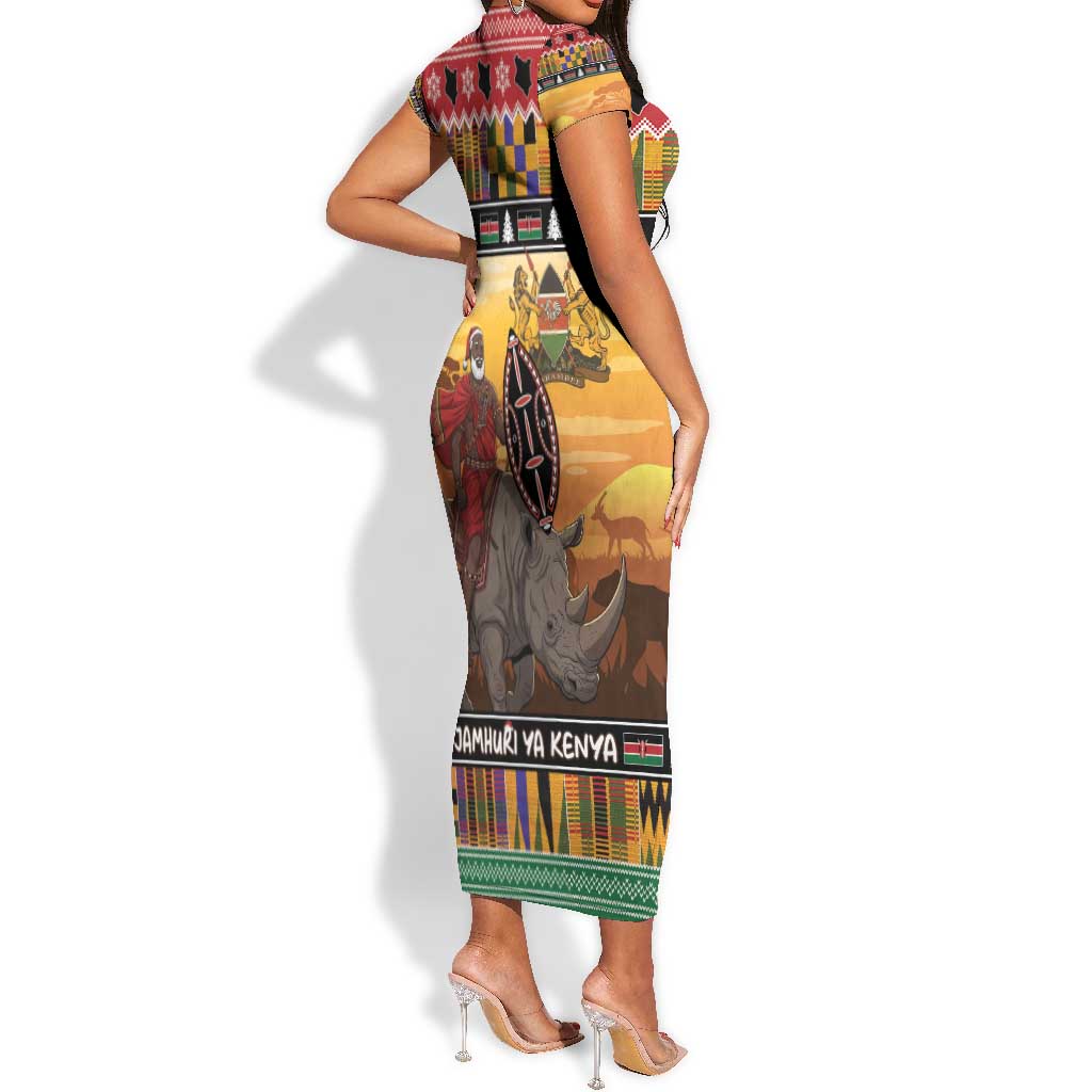 Afro Christmas in Kenya Safari Short Sleeve Bodycon Dress Black Santa Riding Rhinoceros - African Pride