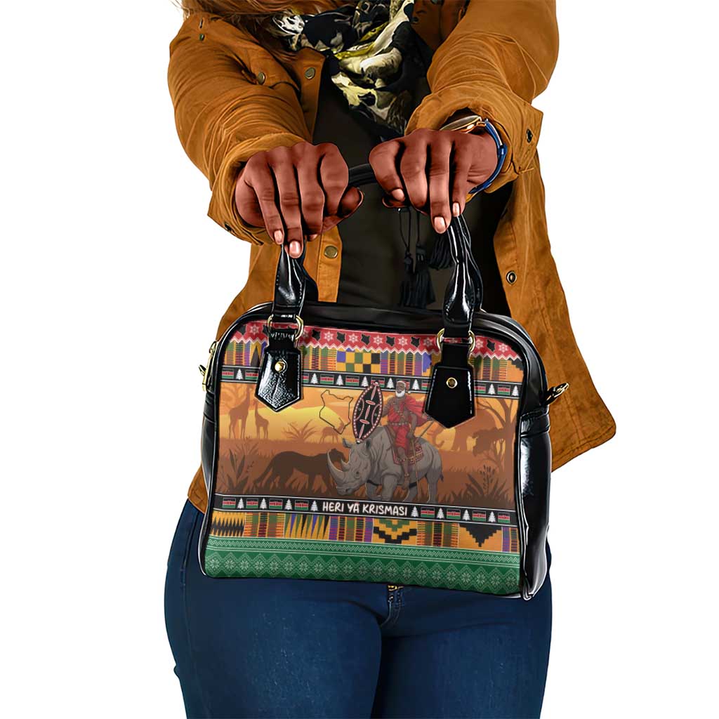 Afro Christmas in Kenya Safari Shoulder Handbag Black Santa Riding Rhinoceros - African Pride