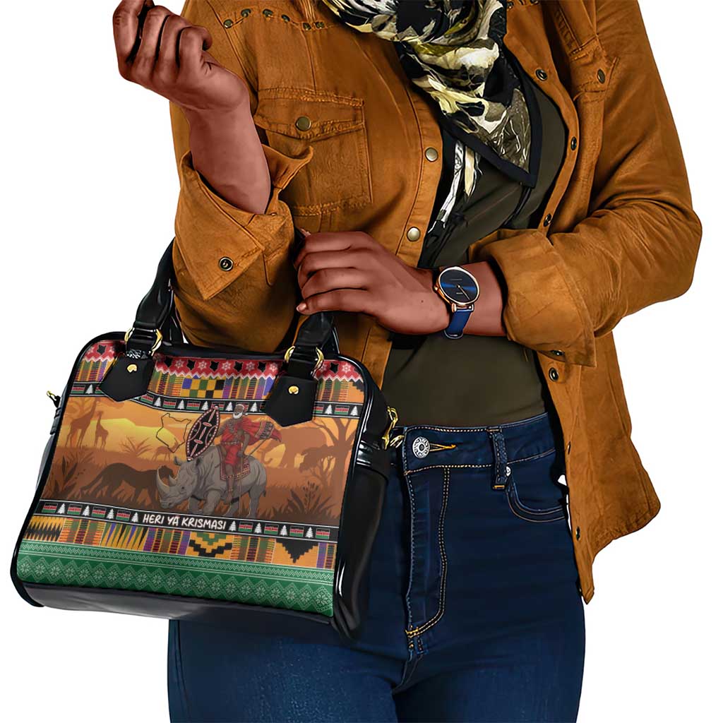 Afro Christmas in Kenya Safari Shoulder Handbag Black Santa Riding Rhinoceros - African Pride