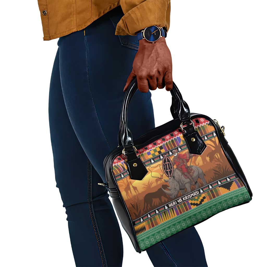 Afro Christmas in Kenya Safari Shoulder Handbag Black Santa Riding Rhinoceros - African Pride