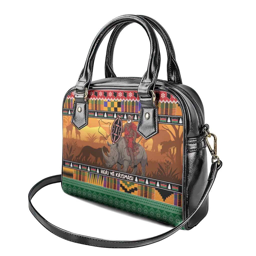Afro Christmas in Kenya Safari Shoulder Handbag Black Santa Riding Rhinoceros - African Pride