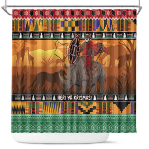 Afro Christmas in Kenya Safari Shower Curtain Black Santa Riding Rhinoceros - African Pride
