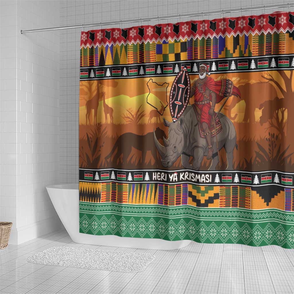 Afro Christmas in Kenya Safari Shower Curtain Black Santa Riding Rhinoceros - African Pride