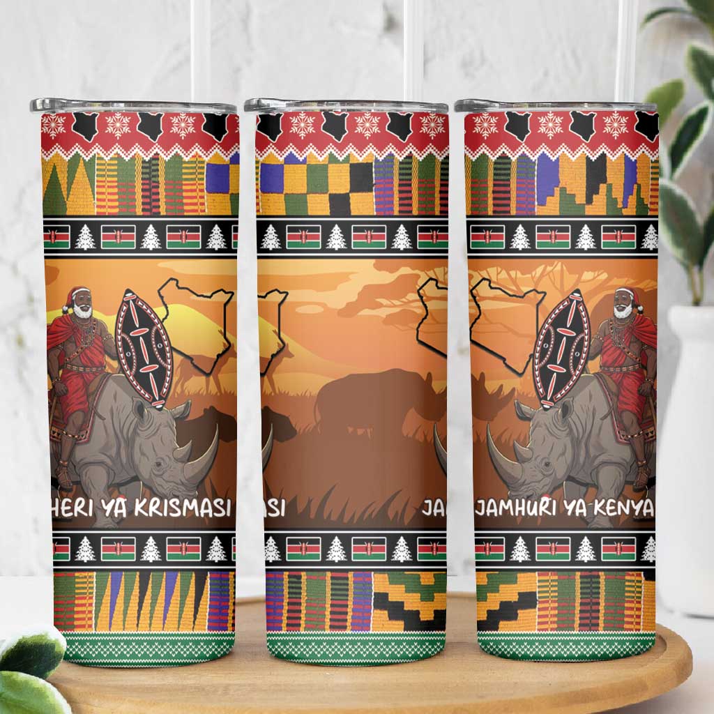 Afro Christmas in Kenya Safari Skinny Tumbler Black Santa Riding Rhinoceros - African Pride