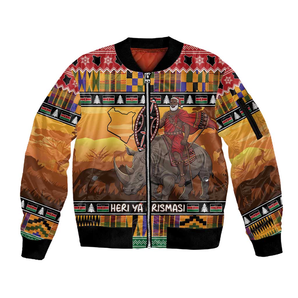 Afro Christmas in Kenya Safari Sleeve Zip Bomber Jacket Black Santa Riding Rhinoceros - African Pride