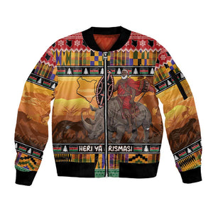 Afro Christmas in Kenya Safari Sleeve Zip Bomber Jacket Black Santa Riding Rhinoceros - African Pride
