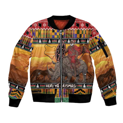 Afro Christmas in Kenya Safari Sleeve Zip Bomber Jacket Black Santa Riding Rhinoceros - African Pride