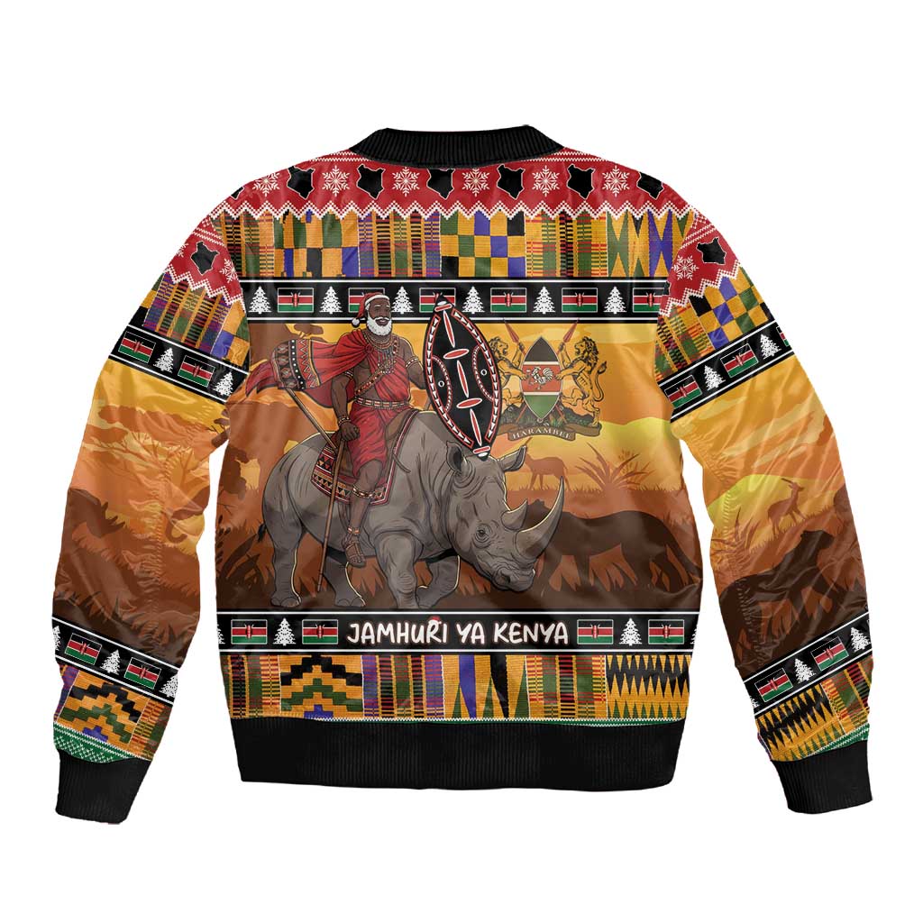 Afro Christmas in Kenya Safari Sleeve Zip Bomber Jacket Black Santa Riding Rhinoceros - African Pride