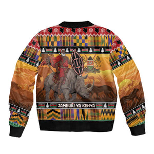 Afro Christmas in Kenya Safari Sleeve Zip Bomber Jacket Black Santa Riding Rhinoceros - African Pride