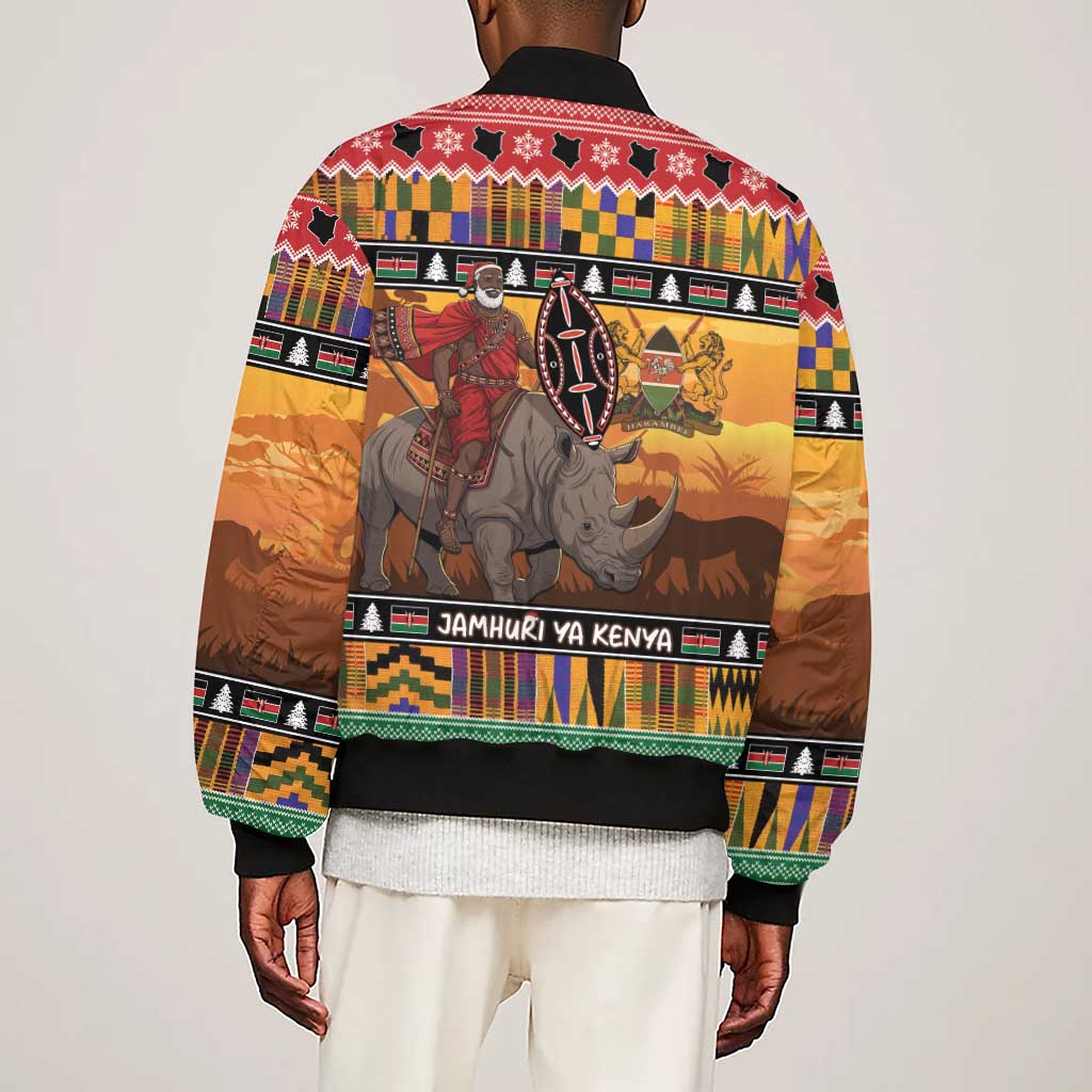 Afro Christmas in Kenya Safari Sleeve Zip Bomber Jacket Black Santa Riding Rhinoceros - African Pride