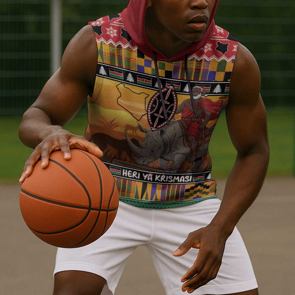 Afro Christmas in Kenya Safari Sleeveless Hoodie Black Santa Riding Rhinoceros - African Pride
