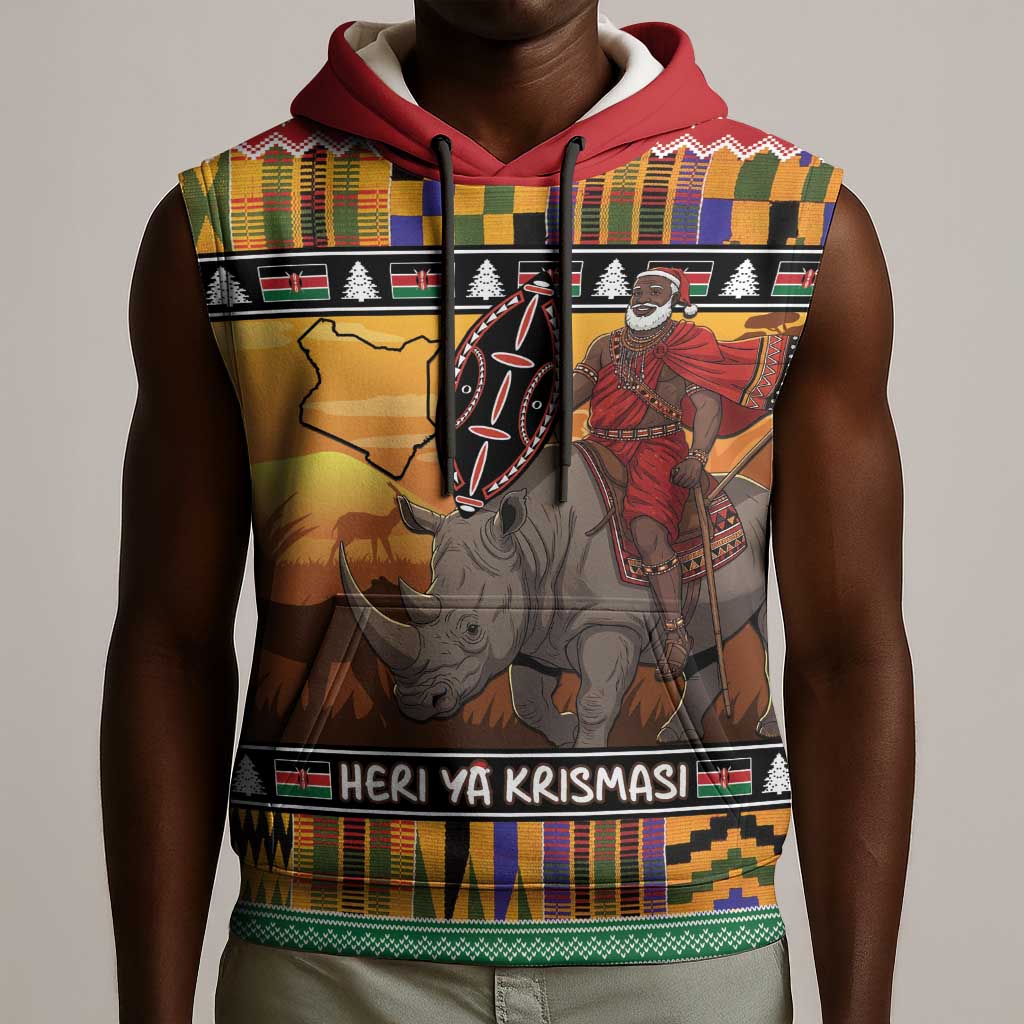 Afro Christmas in Kenya Safari Sleeveless Hoodie Black Santa Riding Rhinoceros - African Pride