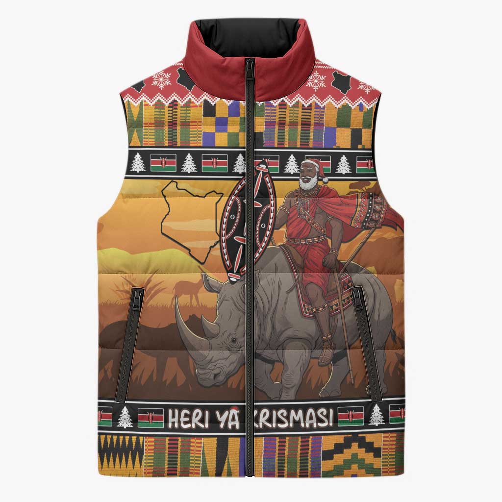 Kenya Safari Christmas Sleeveless Puffer Jacket Black Santa Riding Rhinoceros - Heri ya Krismasi