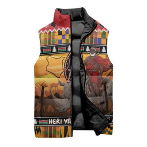 Kenya Safari Christmas Sleeveless Puffer Jacket Black Santa Riding Rhinoceros - Heri ya Krismasi