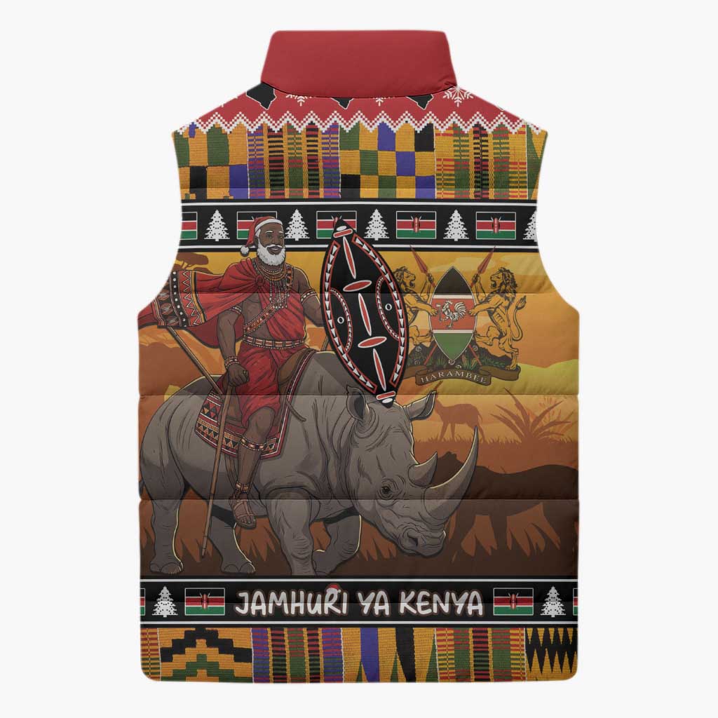 Kenya Safari Christmas Sleeveless Puffer Jacket Black Santa Riding Rhinoceros - Heri ya Krismasi