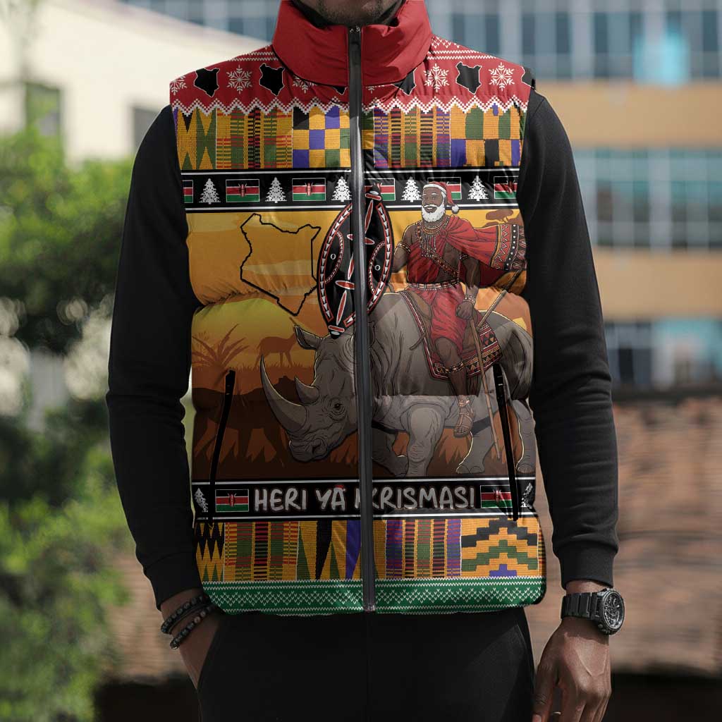 Kenya Safari Christmas Sleeveless Puffer Jacket Black Santa Riding Rhinoceros - Heri ya Krismasi