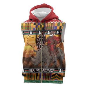 Afro Christmas in Kenya Safari Sleeveless Zip Hoodie Black Santa Riding Rhinoceros - African Pride