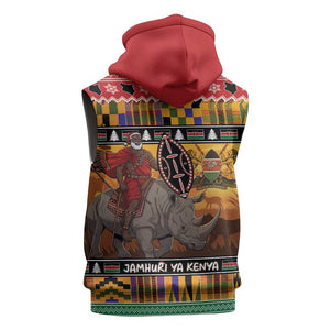 Afro Christmas in Kenya Safari Sleeveless Zip Hoodie Black Santa Riding Rhinoceros - African Pride