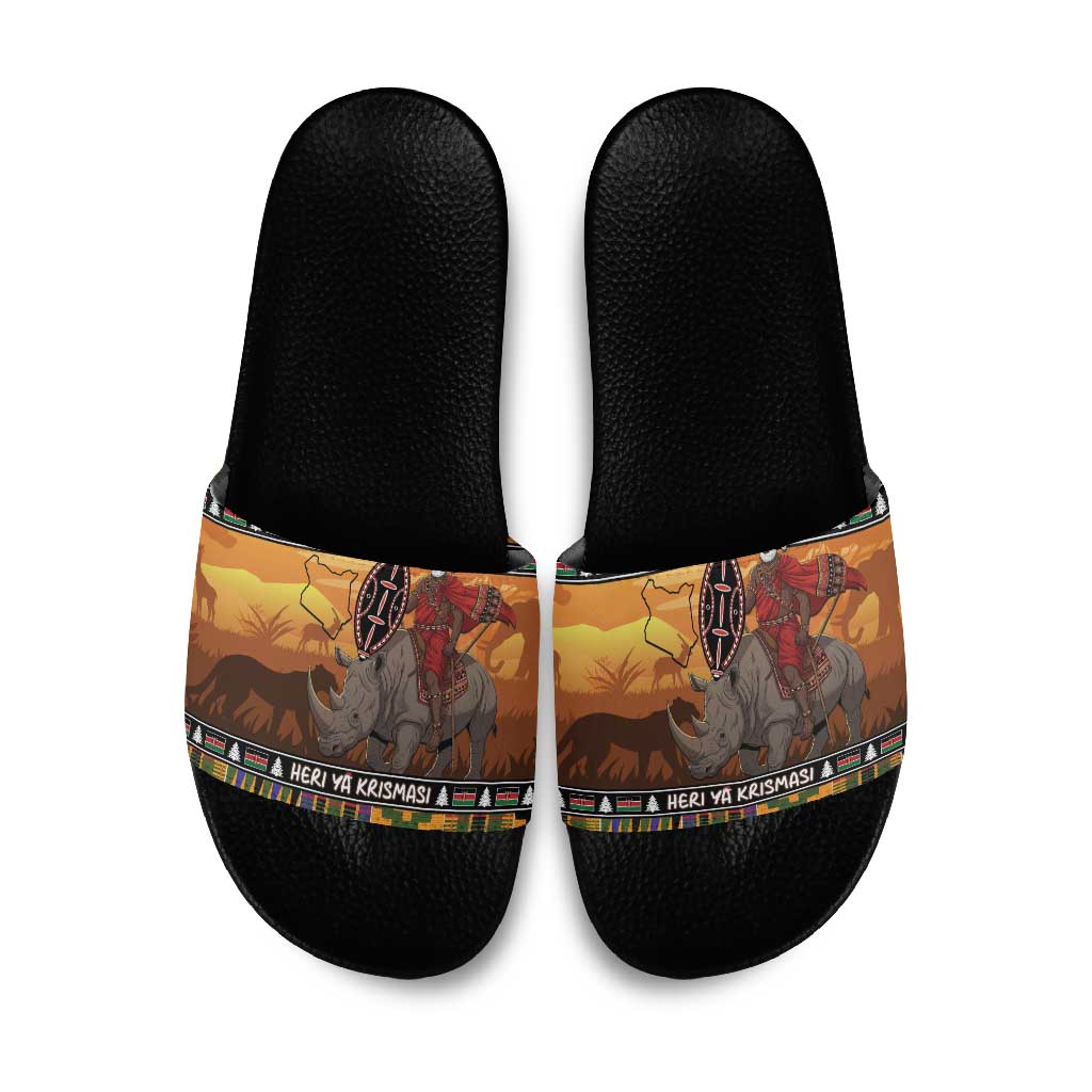 Kenya Safari Christmas Slide Sandals Black Santa Riding Rhinoceros - Heri ya Krismasi