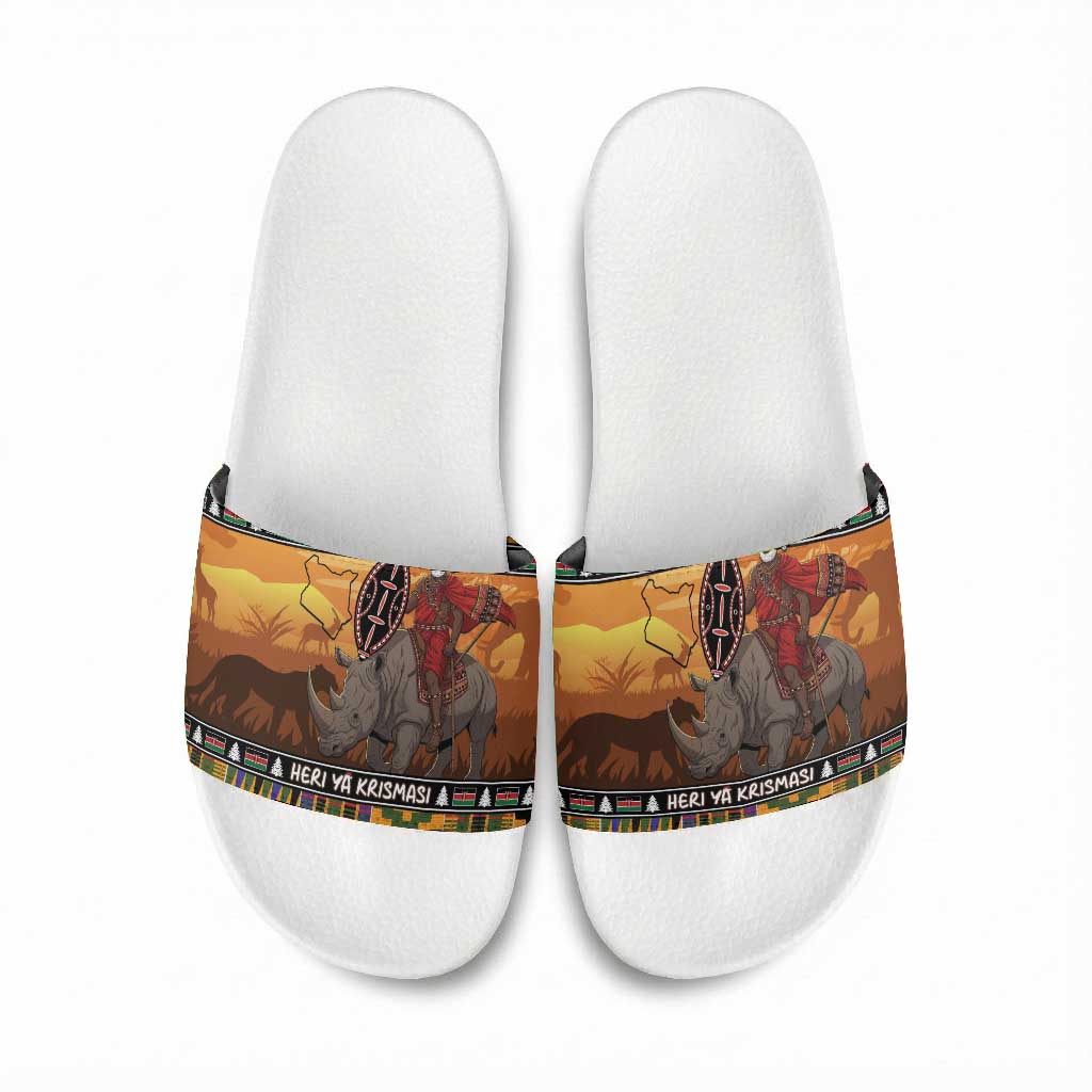 Kenya Safari Christmas Slide Sandals Black Santa Riding Rhinoceros - Heri ya Krismasi