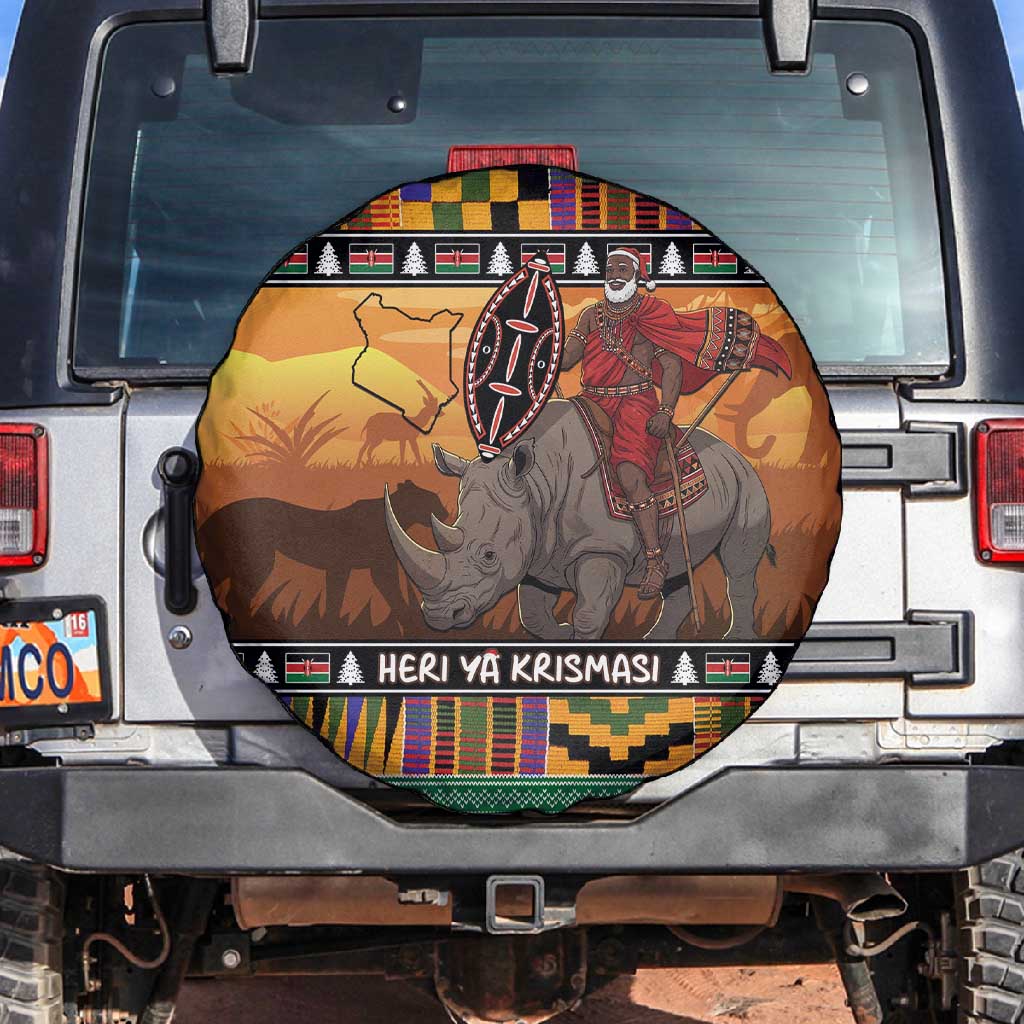 Afro Christmas in Kenya Safari Spare Tire Cover Black Santa Riding Rhinoceros - African Pride