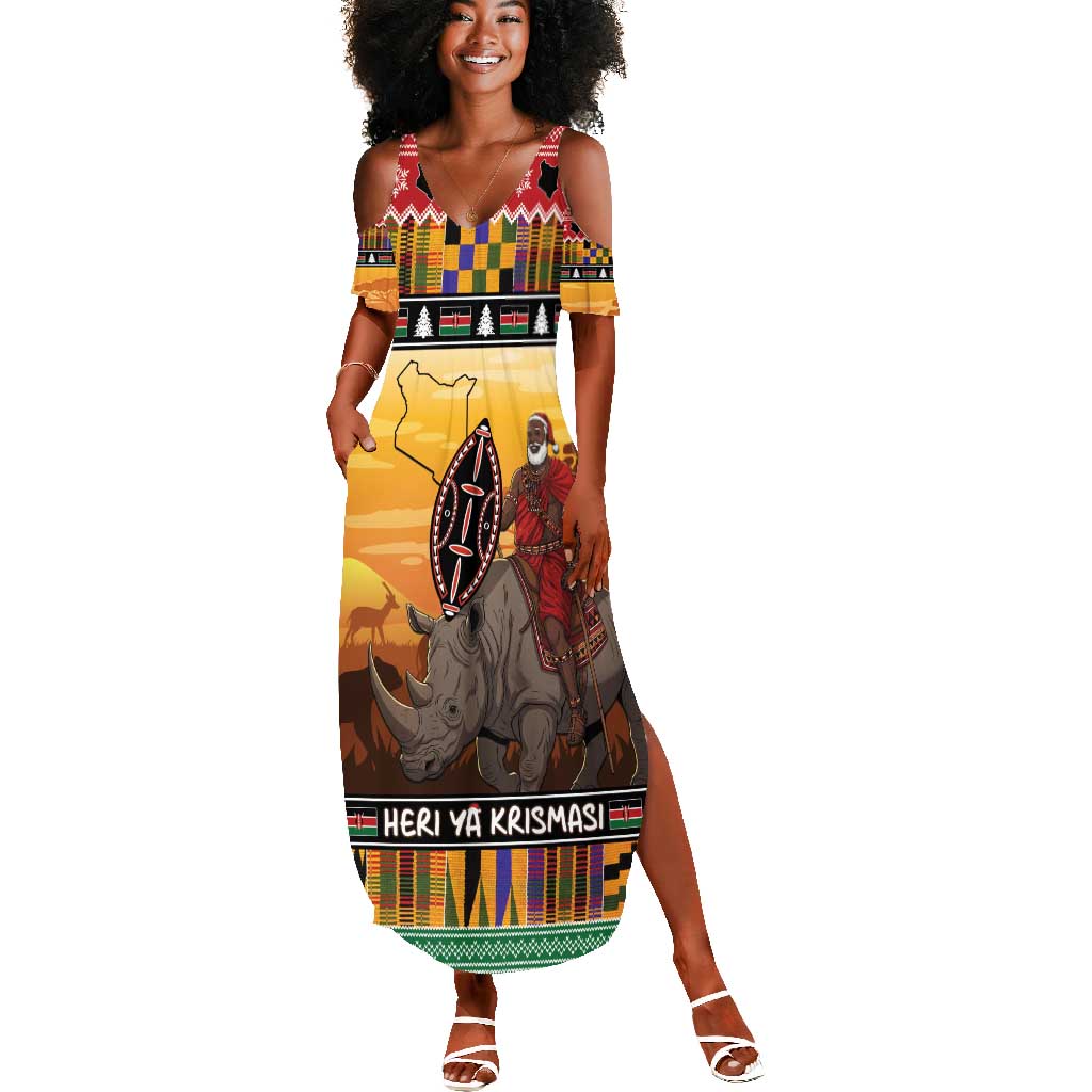 Afro Christmas in Kenya Safari Summer Maxi Dress Black Santa Riding Rhinoceros - African Pride